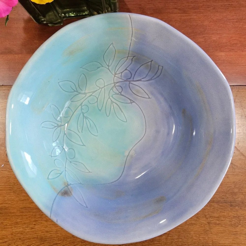 Vtg Italian Pottery Centerpiece Bowl Blue Aqua Freeform Incised Floral Italy 11